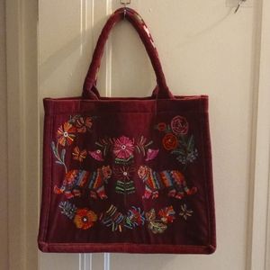 Anthropologie burgandy velvet and sequined tote.